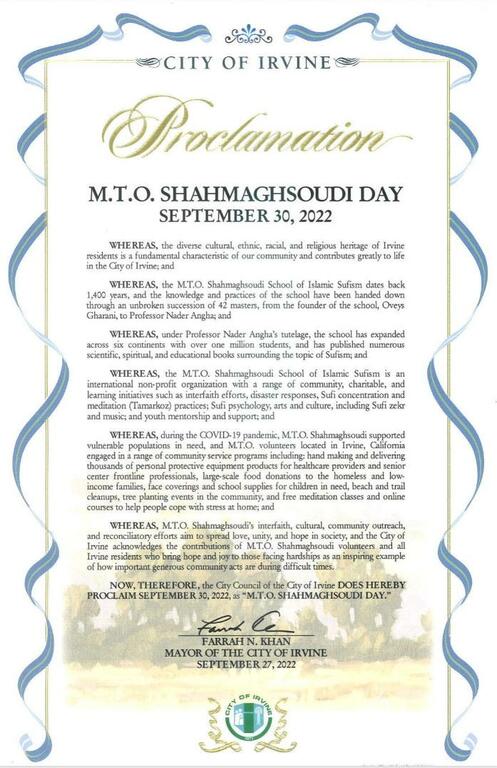 The City of Irvine Proclaims September 30 as M.T.O. Shahmaghsoudi Day