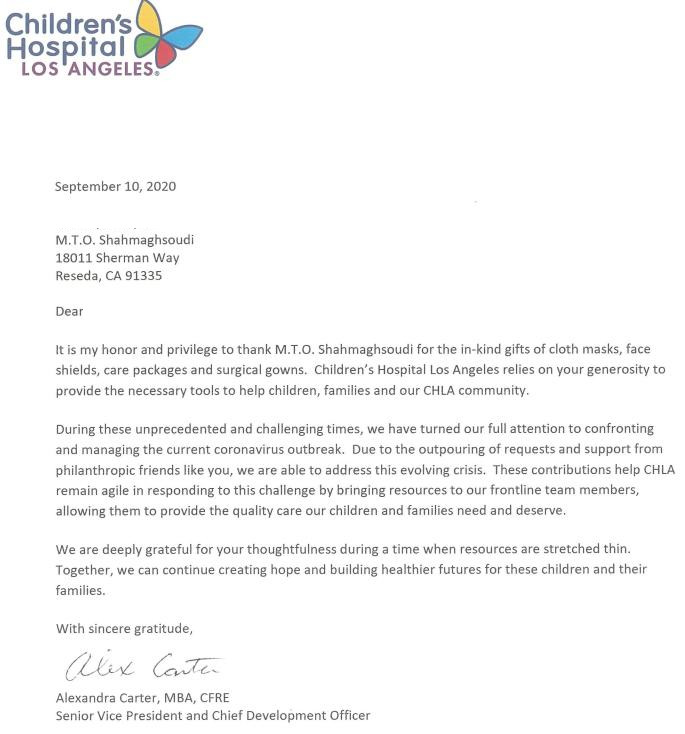 M.T.O. Los Angeles donates to Olive View Hospital and Shriners Hospital for Children