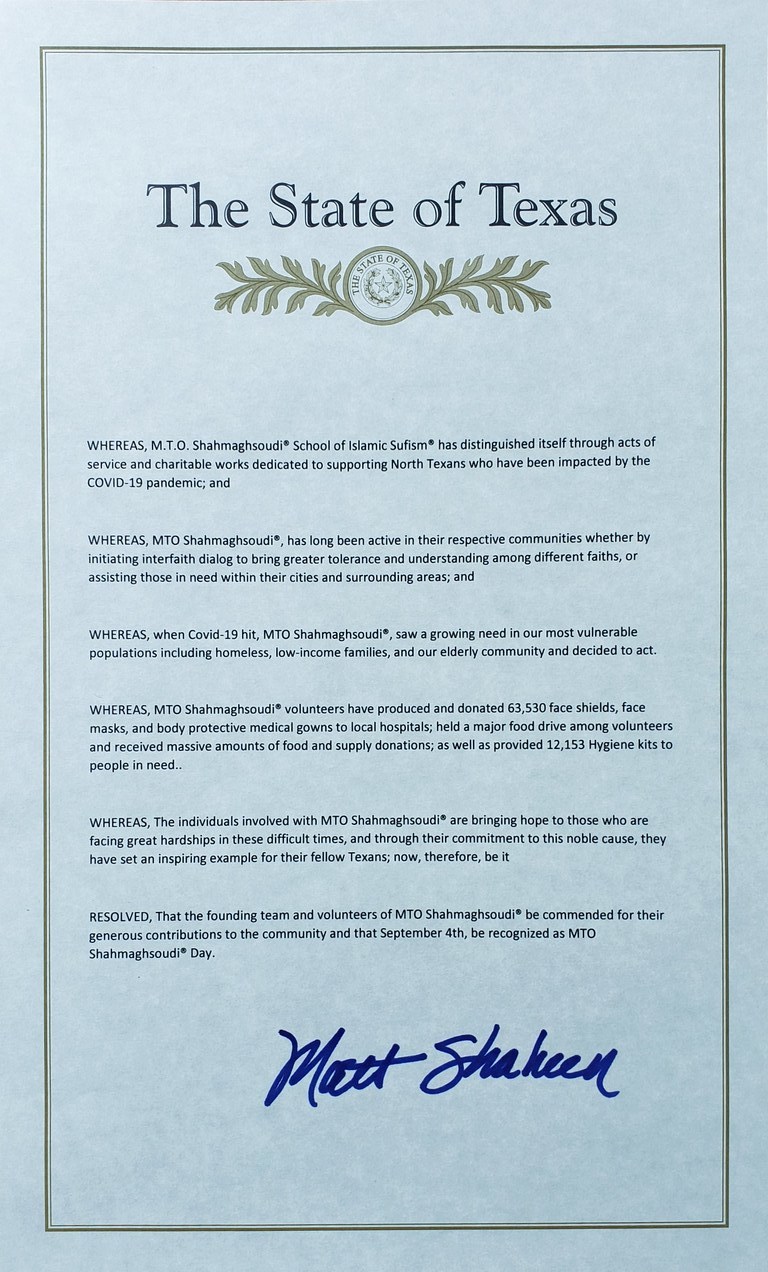 Texas Dignitaries Honor M.T.O. Shahmaghsoudi® on the 50th anniversary of the Appointment of Sufi Master Professor Nader Angha