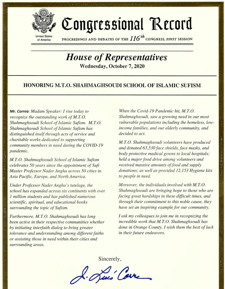 Congressman Lou Correa Recognize M.T.O. and Professor Nader Angha in United States House of Representatives Floor