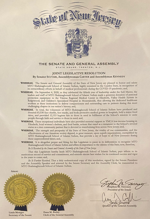 New Jersey State Honors M.T.O. with Joint Legislative Resolution