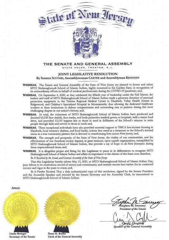 New Jersey State Names May 12 MTO Shahmaghsoudi School of Islamic Sufism Day!