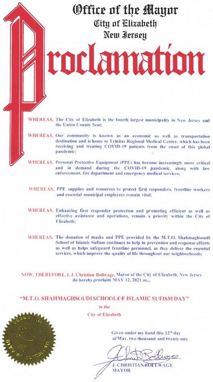 New Jersey City of Elizabeth Proclaims May 12th as M.T.O Shahmaghsoudi School of Islamic Sufism Day